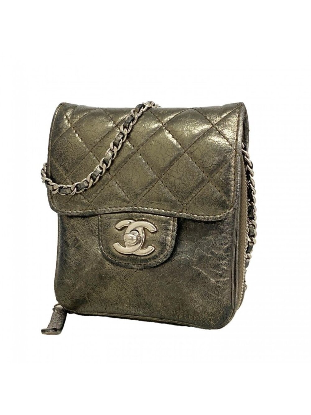 Chanel Shoulder Bag Quilted Leather Gray Silver